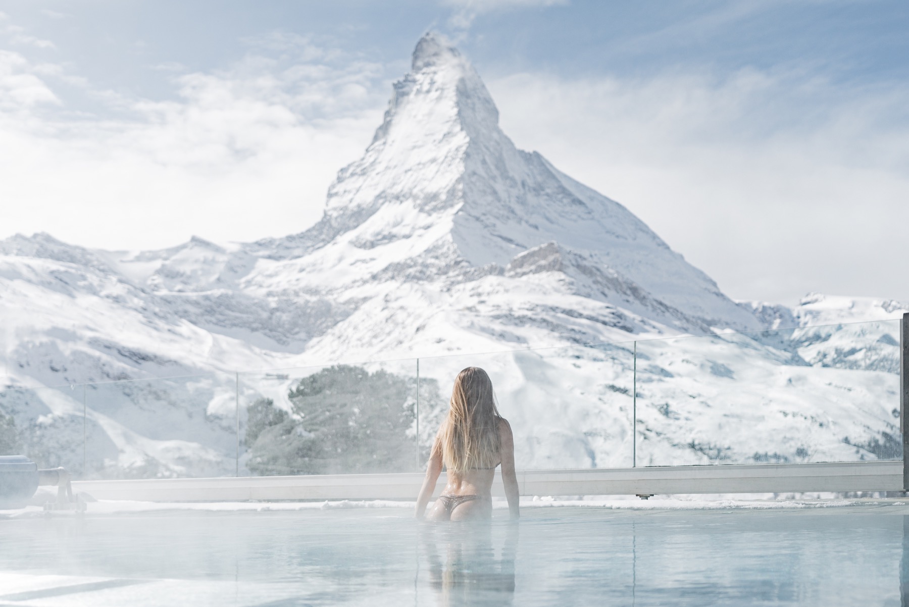 Riffelalp Resort 2222m outdoor spa pool with Matterhorn views
